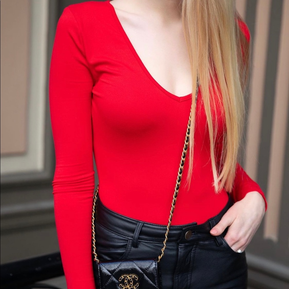 Red v neck bodysuit top